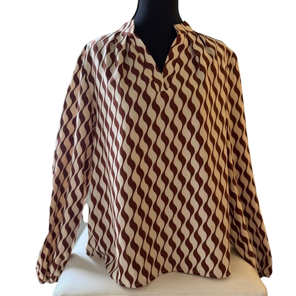 Brown Cream Abstract Wave Print Blouse Long Sleeve Retro Boho Statement